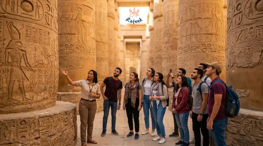 مجموعة من المشاركين في مبادرة اعرف بلدك أثناء جولتهم السياحية داخل معبد الكرنك بالأقصر.