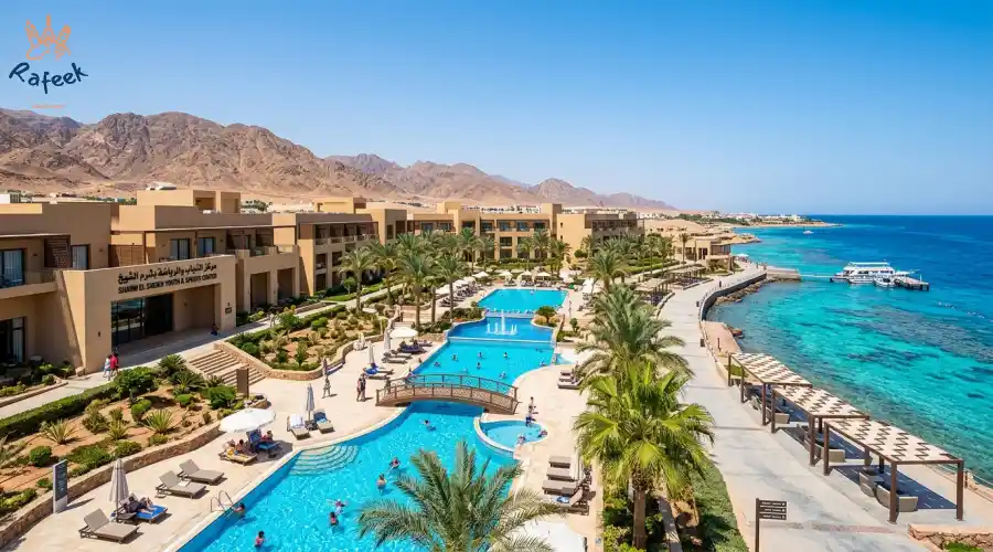 إطلالة على مباني ومرافق إحدى المدن الشبابية الحديثة التابعة للوزارة في شرم الشيخ على البحر الأحمر.